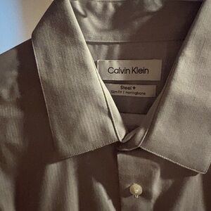 Calvin Klein Steel Gray Slim Fit Herringbone Dress Shirt